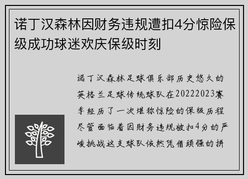诺丁汉森林因财务违规遭扣4分惊险保级成功球迷欢庆保级时刻